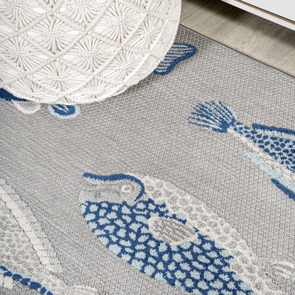 Blue and White Fish Pattern Rug - Picture 2 of 3
